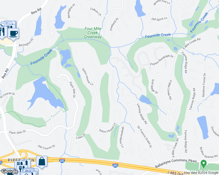 map of restaurants, bars, coffee shops, grocery stores, and more near 7727 Seton House Lane in Charlotte