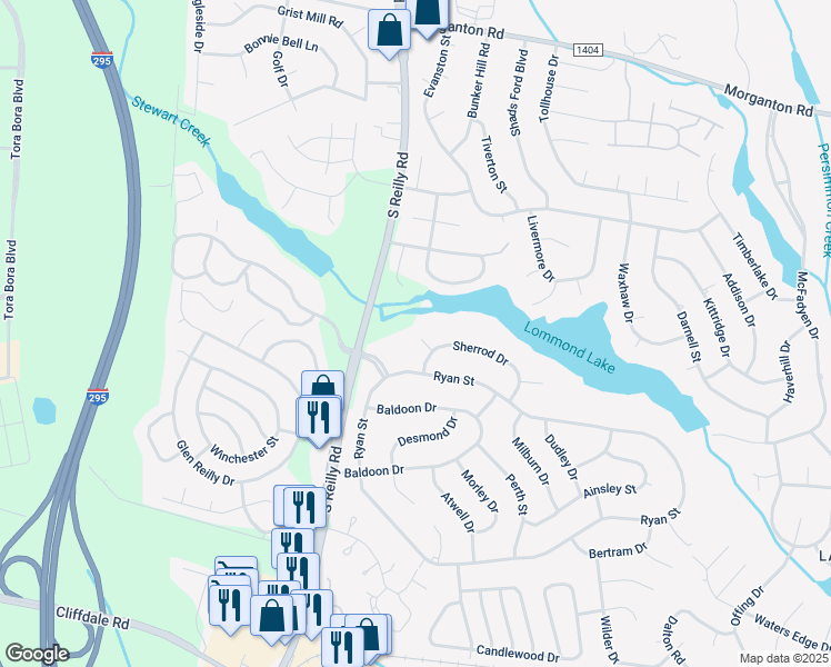 map of restaurants, bars, coffee shops, grocery stores, and more near 6607 Sherrod Place in Fayetteville
