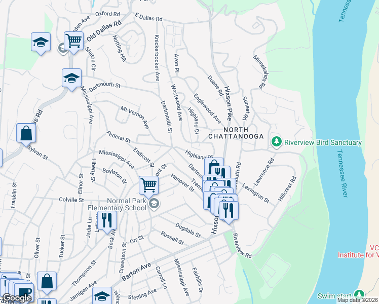 map of restaurants, bars, coffee shops, grocery stores, and more near 1119 Highland Drive in Chattanooga