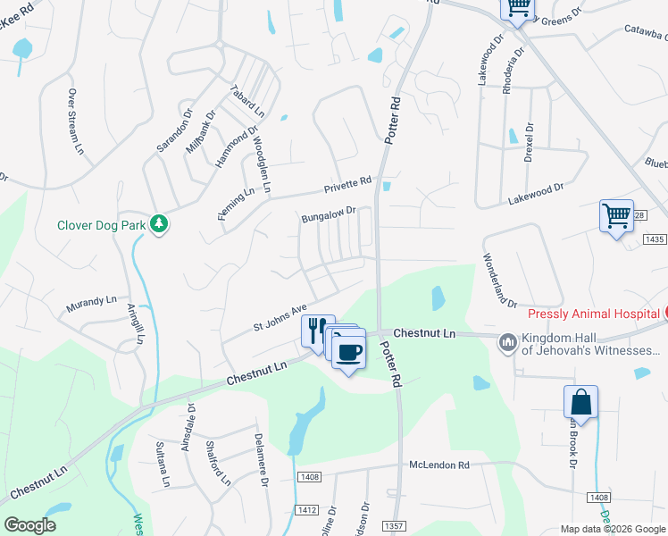 map of restaurants, bars, coffee shops, grocery stores, and more near 1213 Gainsborough Drive in Stallings