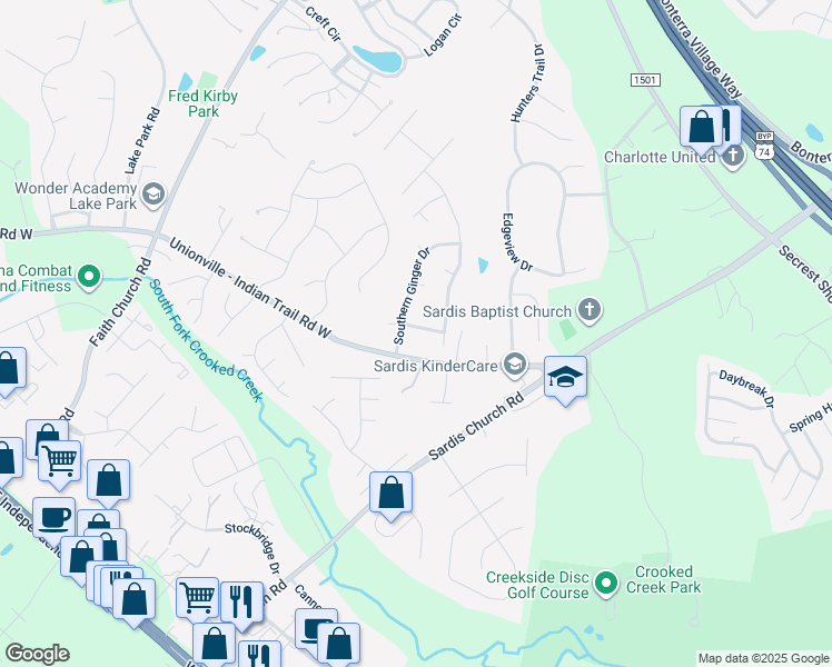 map of restaurants, bars, coffee shops, grocery stores, and more near 3809 Crimson Wing Drive in Indian Trail