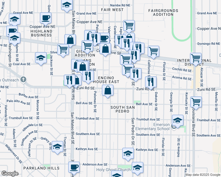 map of restaurants, bars, coffee shops, grocery stores, and more near Zuni Rd SE & Valencia Dr SE in Albuquerque