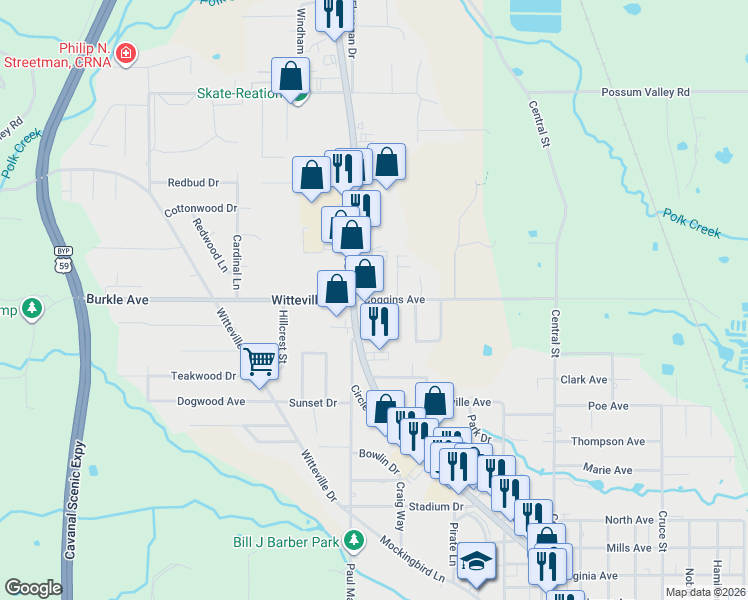map of restaurants, bars, coffee shops, grocery stores, and more near 105 Coggins Avenue in Poteau