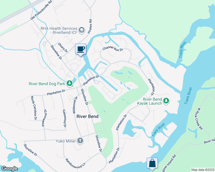 map of restaurants, bars, coffee shops, grocery stores, and more near 52 Quarterdeck Townes in New Bern