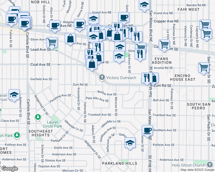 map of restaurants, bars, coffee shops, grocery stores, and more near 430 Jefferson Street Southeast in Albuquerque