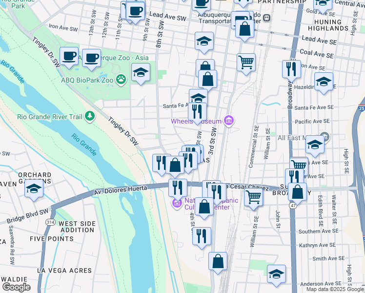 map of restaurants, bars, coffee shops, grocery stores, and more near 1312 Barelas Road Southwest in Albuquerque