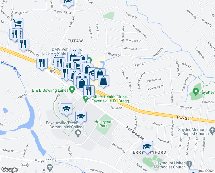 map of restaurants, bars, coffee shops, grocery stores, and more near 2412 Barrington Circle in Fayetteville
