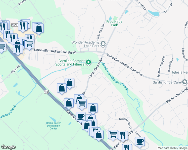 map of restaurants, bars, coffee shops, grocery stores, and more near 2000 Alice Flagg Lane in Indian Trail