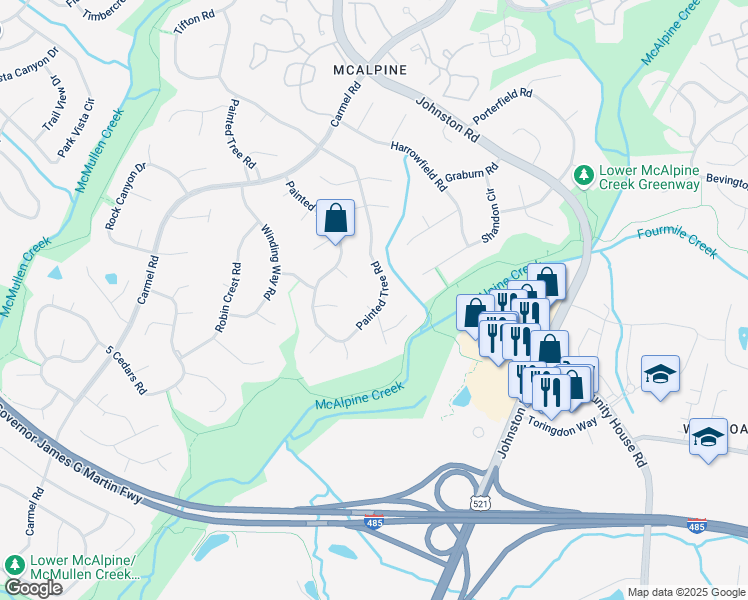 map of restaurants, bars, coffee shops, grocery stores, and more near 11510 Painted Tree Road in Charlotte