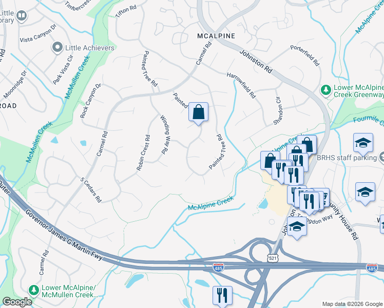 map of restaurants, bars, coffee shops, grocery stores, and more near 7312 Rustic Ridge Court in Charlotte