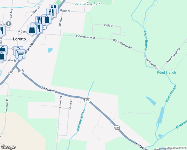 map of restaurants, bars, coffee shops, grocery stores, and more near in Loretto