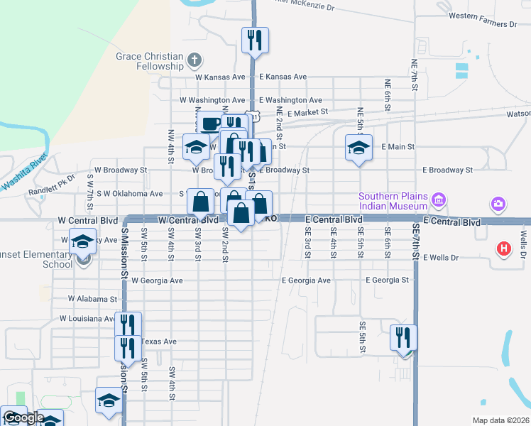 map of restaurants, bars, coffee shops, grocery stores, and more near in Anadarko