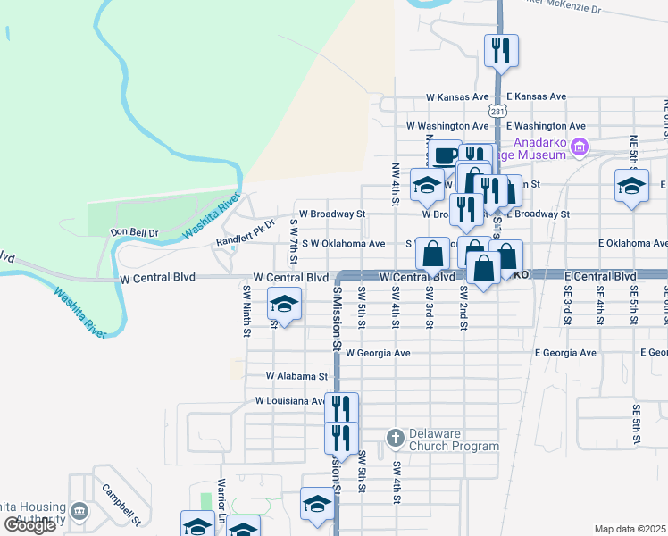 map of restaurants, bars, coffee shops, grocery stores, and more near 513 West Central Boulevard in Anadarko