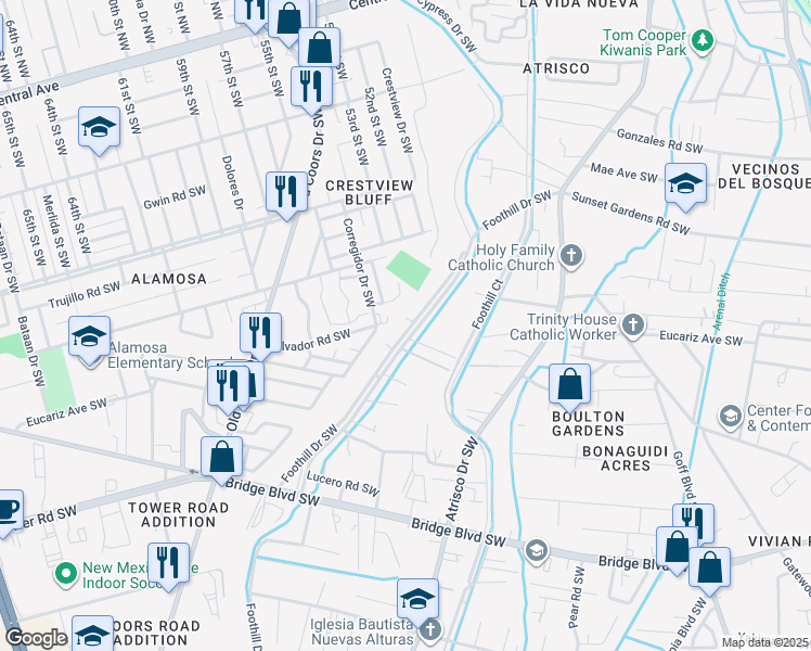 map of restaurants, bars, coffee shops, grocery stores, and more near 703 Foothill Drive Southwest in Albuquerque