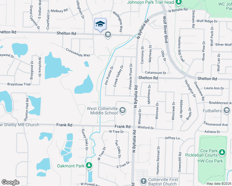 map of restaurants, bars, coffee shops, grocery stores, and more near 1236 Creek Valley Drive in Collierville
