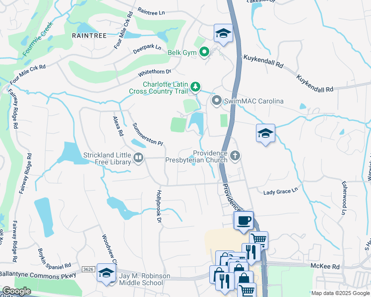 map of restaurants, bars, coffee shops, grocery stores, and more near 10018 Berkeley Forest Ln in Charlotte