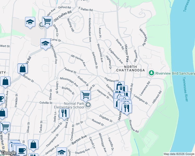 map of restaurants, bars, coffee shops, grocery stores, and more near 1100 Dartmouth Street in Chattanooga