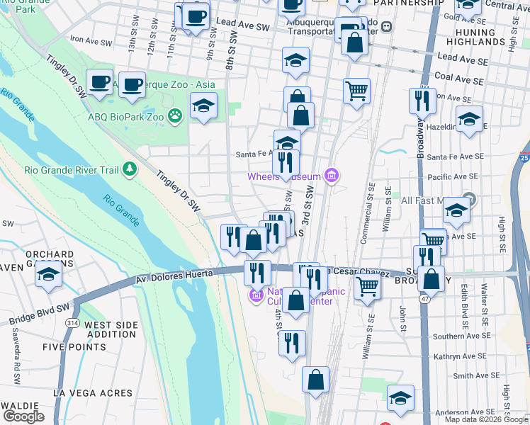 map of restaurants, bars, coffee shops, grocery stores, and more near 1312 Barelas Road Southwest in Albuquerque