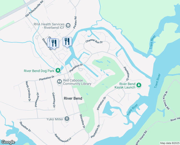 map of restaurants, bars, coffee shops, grocery stores, and more near 52 Quarterdeck Townes in New Bern