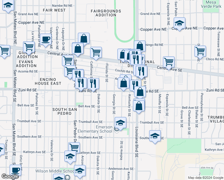 map of restaurants, bars, coffee shops, grocery stores, and more near 6711 Zuni Road Southeast in Albuquerque