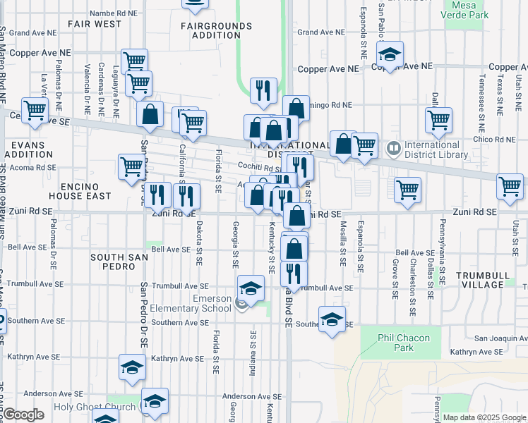 map of restaurants, bars, coffee shops, grocery stores, and more near 6901 Zuni Road Southeast in Albuquerque