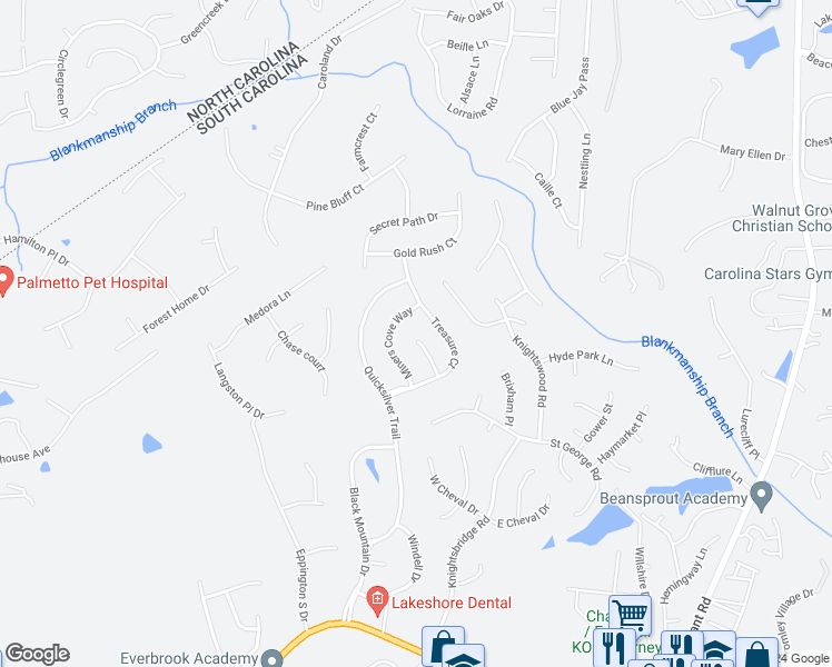 map of restaurants, bars, coffee shops, grocery stores, and more near 2048 Dynasty Court in Fort Mill