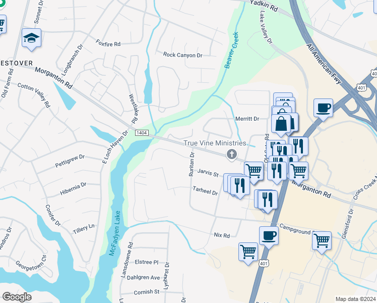 map of restaurants, bars, coffee shops, grocery stores, and more near 5423 Morganton Road in Fayetteville