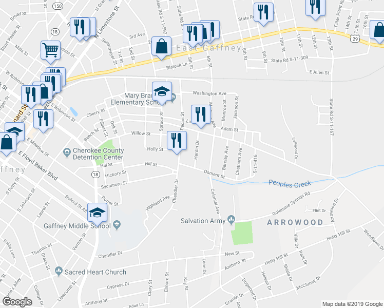 map of restaurants, bars, coffee shops, grocery stores, and more near 416 Hardin Street in Gaffney