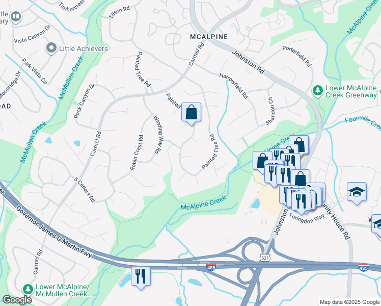 map of restaurants, bars, coffee shops, grocery stores, and more near 7312 Rustic Ridge Court in Charlotte