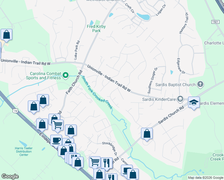 map of restaurants, bars, coffee shops, grocery stores, and more near 3109 Ashe Croft Drive in Indian Trail