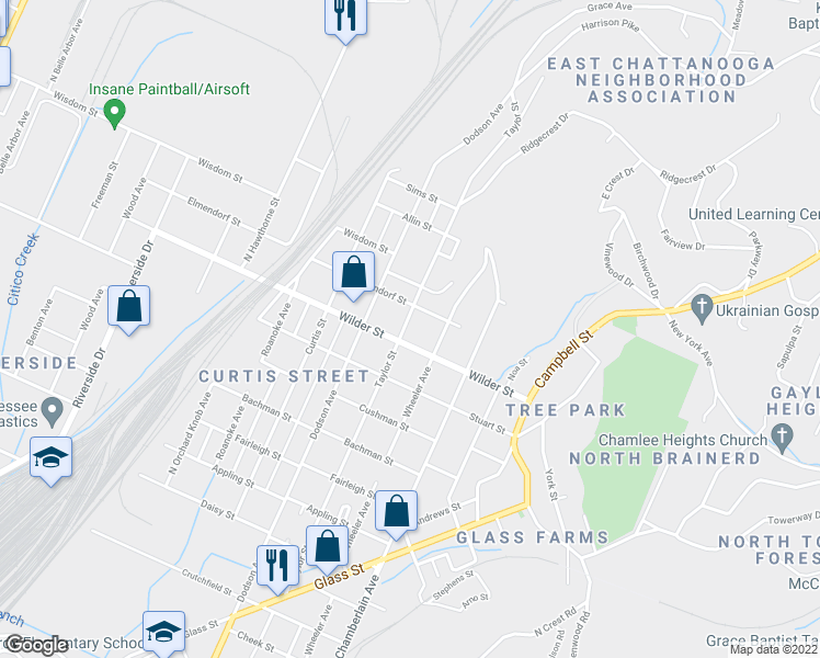 map of restaurants, bars, coffee shops, grocery stores, and more near 3104 Taylor Street in Chattanooga