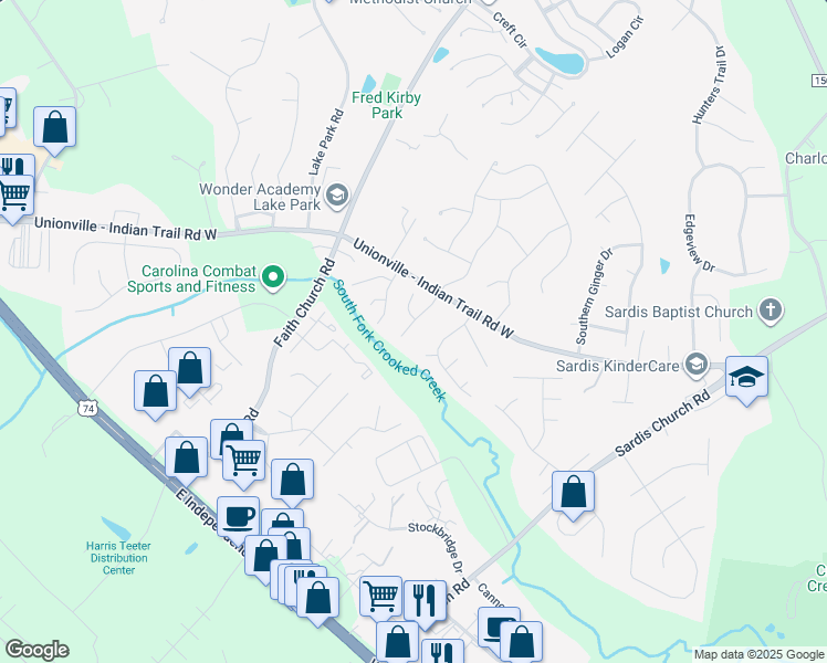 map of restaurants, bars, coffee shops, grocery stores, and more near 3106 Fairington Drive in Indian Trail