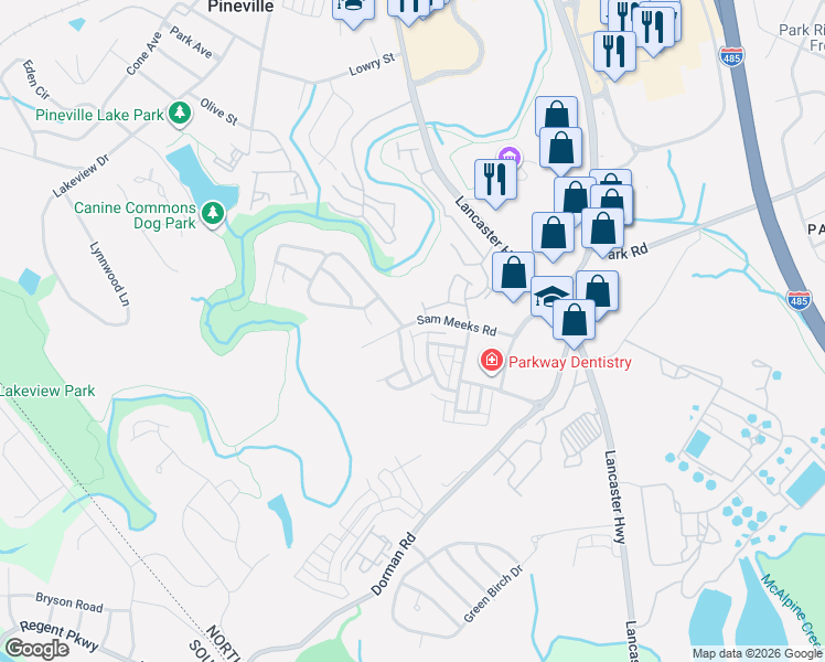 map of restaurants, bars, coffee shops, grocery stores, and more near 10244 Sam Meeks Road in Pineville