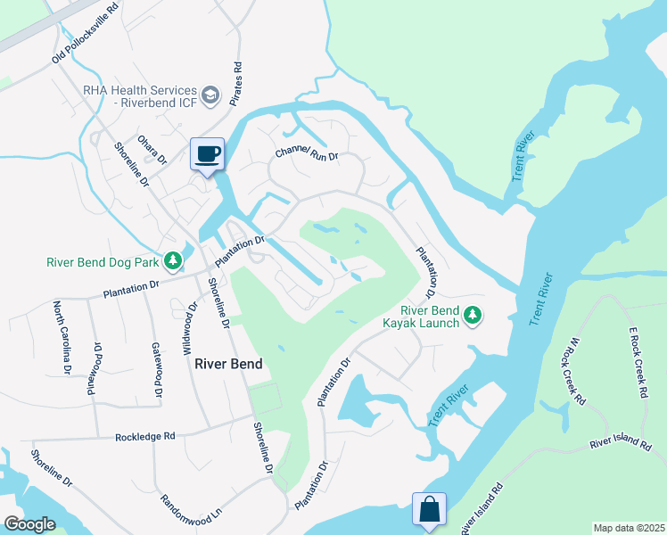 map of restaurants, bars, coffee shops, grocery stores, and more near Marina Townes Drive in Fairfield Harbour