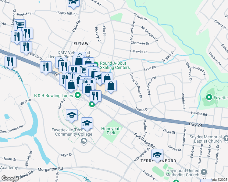 map of restaurants, bars, coffee shops, grocery stores, and more near 2456 Bragg Boulevard in Fayetteville
