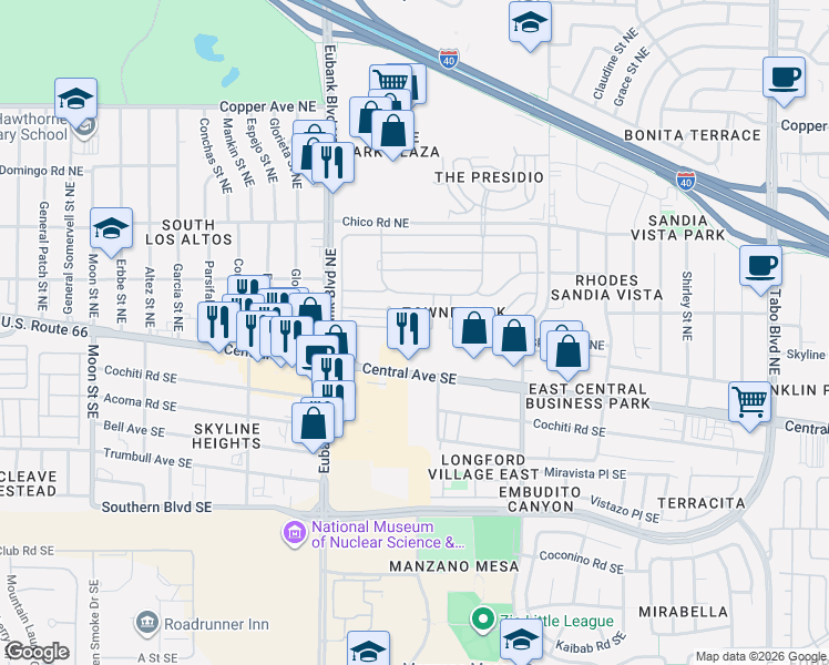 map of restaurants, bars, coffee shops, grocery stores, and more near 10716 Lagrange Park Drive Northeast in Albuquerque