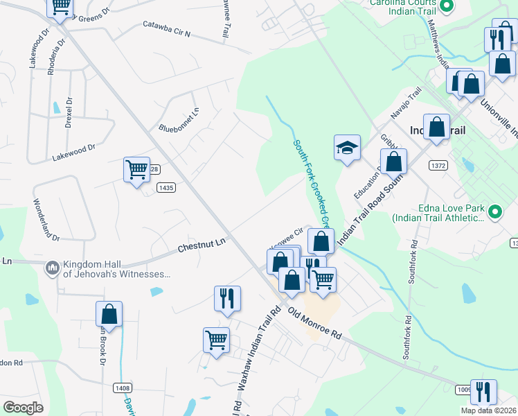 map of restaurants, bars, coffee shops, grocery stores, and more near 217 Williams Rescue Road in Indian Trail