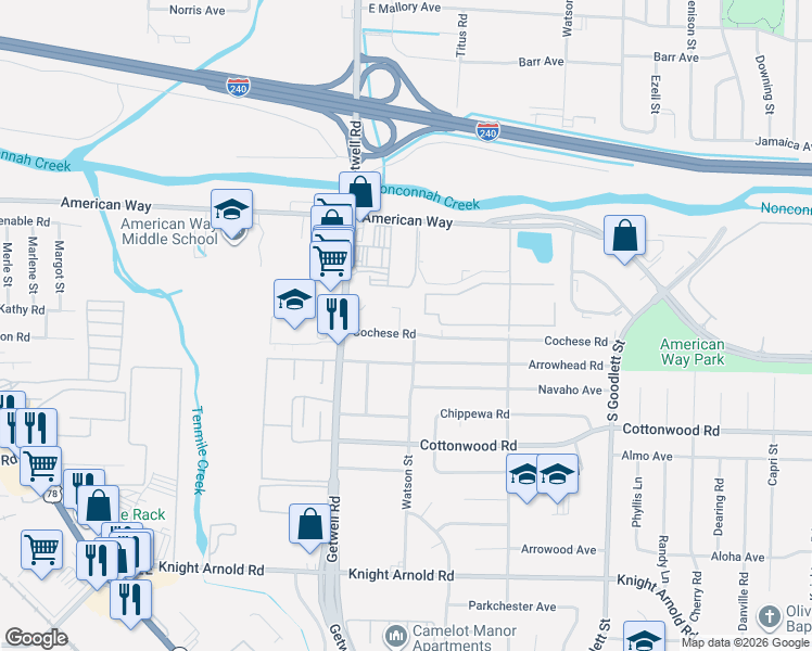 map of restaurants, bars, coffee shops, grocery stores, and more near 4022 Cochese Road in Memphis