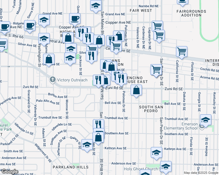 map of restaurants, bars, coffee shops, grocery stores, and more near 600 San Mateo Boulevard Southeast in Albuquerque