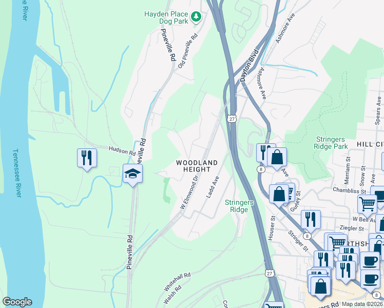 map of restaurants, bars, coffee shops, grocery stores, and more near 987 West Elmwood Drive in Chattanooga