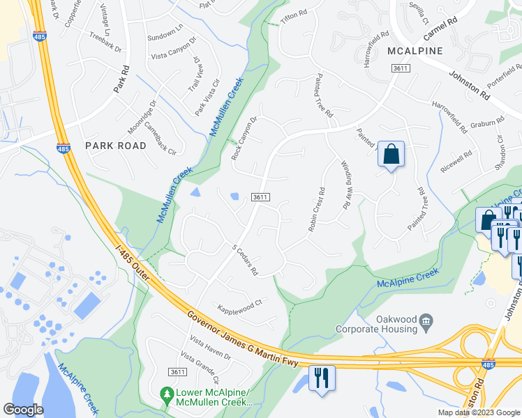 map of restaurants, bars, coffee shops, grocery stores, and more near 11100 5 Cedars Road in Charlotte