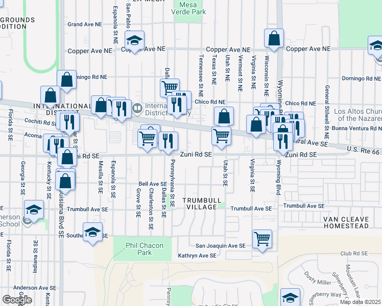 map of restaurants, bars, coffee shops, grocery stores, and more near 7915 Zuni Road Southeast in Albuquerque