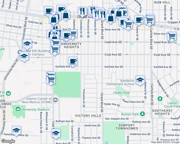 map of restaurants, bars, coffee shops, grocery stores, and more near 510 Princeton Drive Southeast in Albuquerque