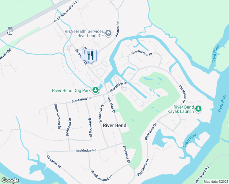 map of restaurants, bars, coffee shops, grocery stores, and more near 4 Quarterdeck Townhouses in New Bern