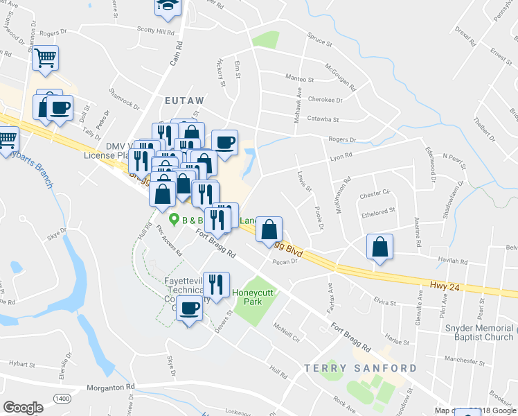 map of restaurants, bars, coffee shops, grocery stores, and more near 2412 Barrington Circle in Fayetteville