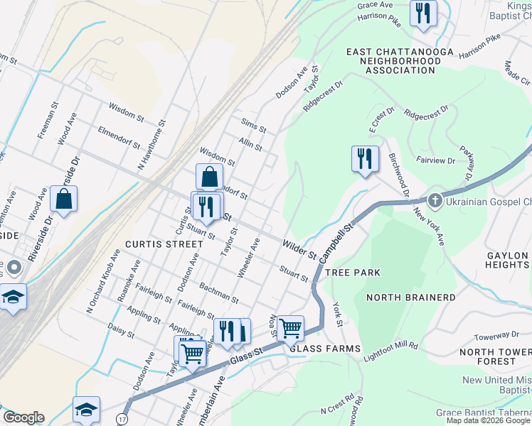 map of restaurants, bars, coffee shops, grocery stores, and more near 2310 Elmendorf Street in Chattanooga