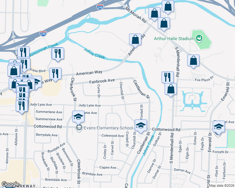 map of restaurants, bars, coffee shops, grocery stores, and more near 5094 Darlington Drive in Memphis