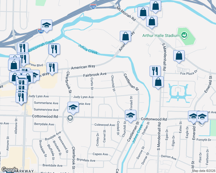 map of restaurants, bars, coffee shops, grocery stores, and more near 5094 Darlington Drive in Memphis