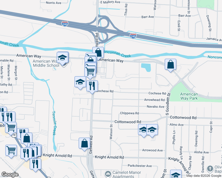 map of restaurants, bars, coffee shops, grocery stores, and more near 4022 Cochese Road in Memphis