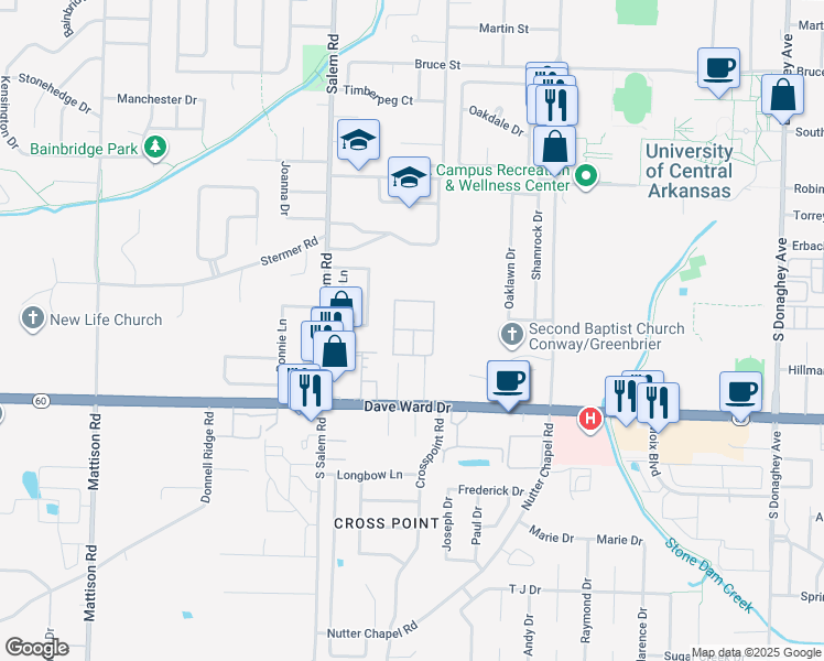 map of restaurants, bars, coffee shops, grocery stores, and more near 2730 Dave Ward Drive in Conway
